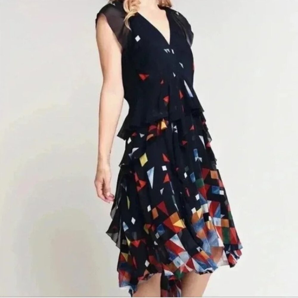 Joie NWT 100% Silk Navy Colorful Layered Cocktail Midi Dress Sheer Ruffles 8 M
